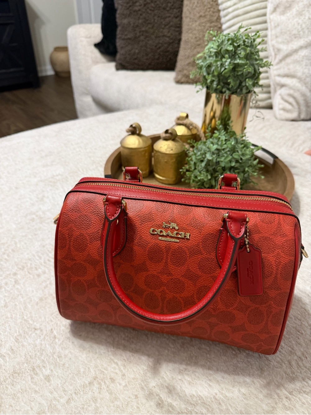 COACH MEDIUM ROWAN SATCHEL – SIGNATURE CANVAS – CRIMSON/GOLD – NWT